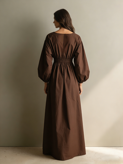 Brown Cotton-Linen V-Neck Elastic Waist Maxi Dress