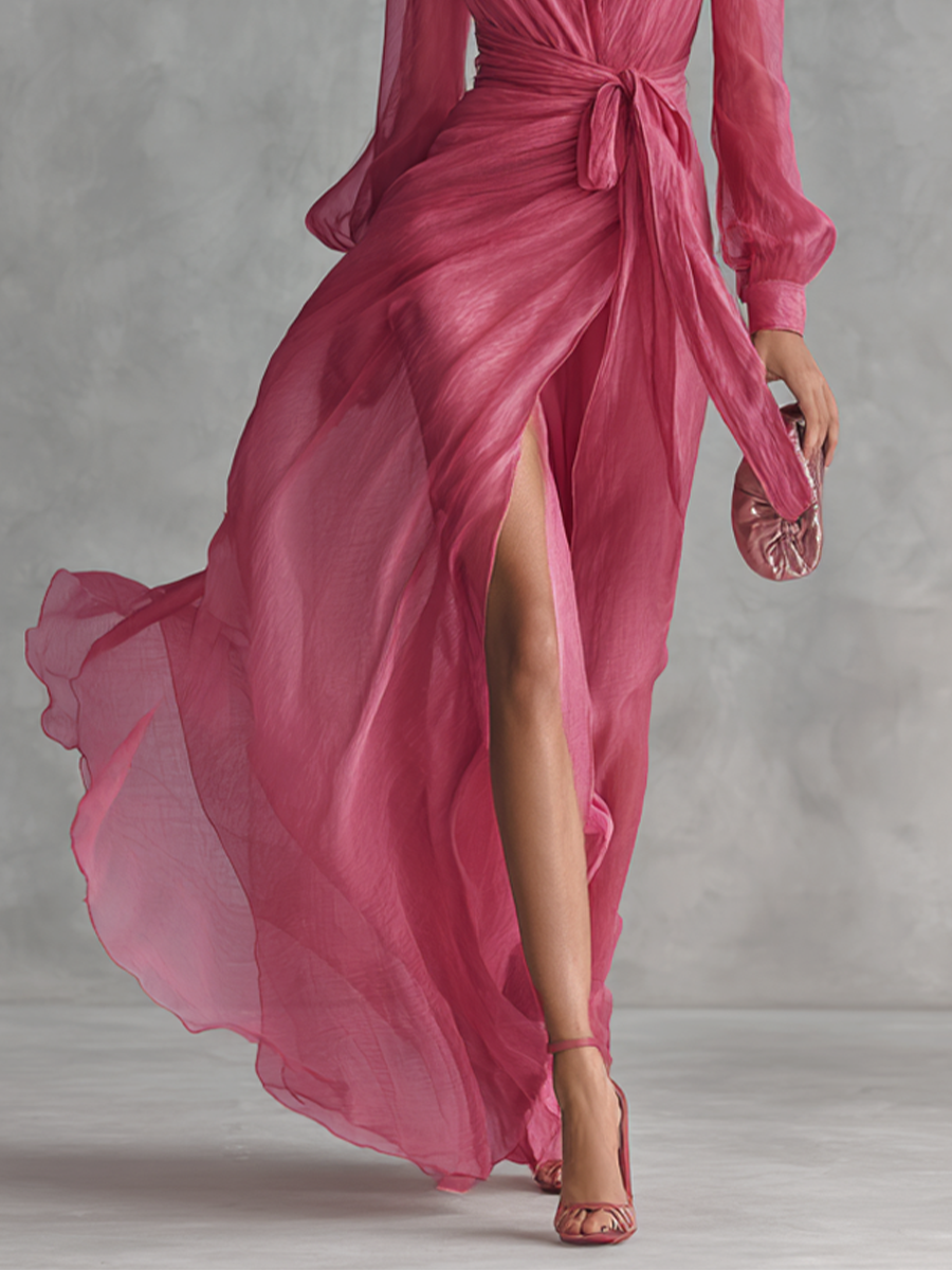 Rose Pink Pearl Chiffon Tie-Waist Maxi Dress