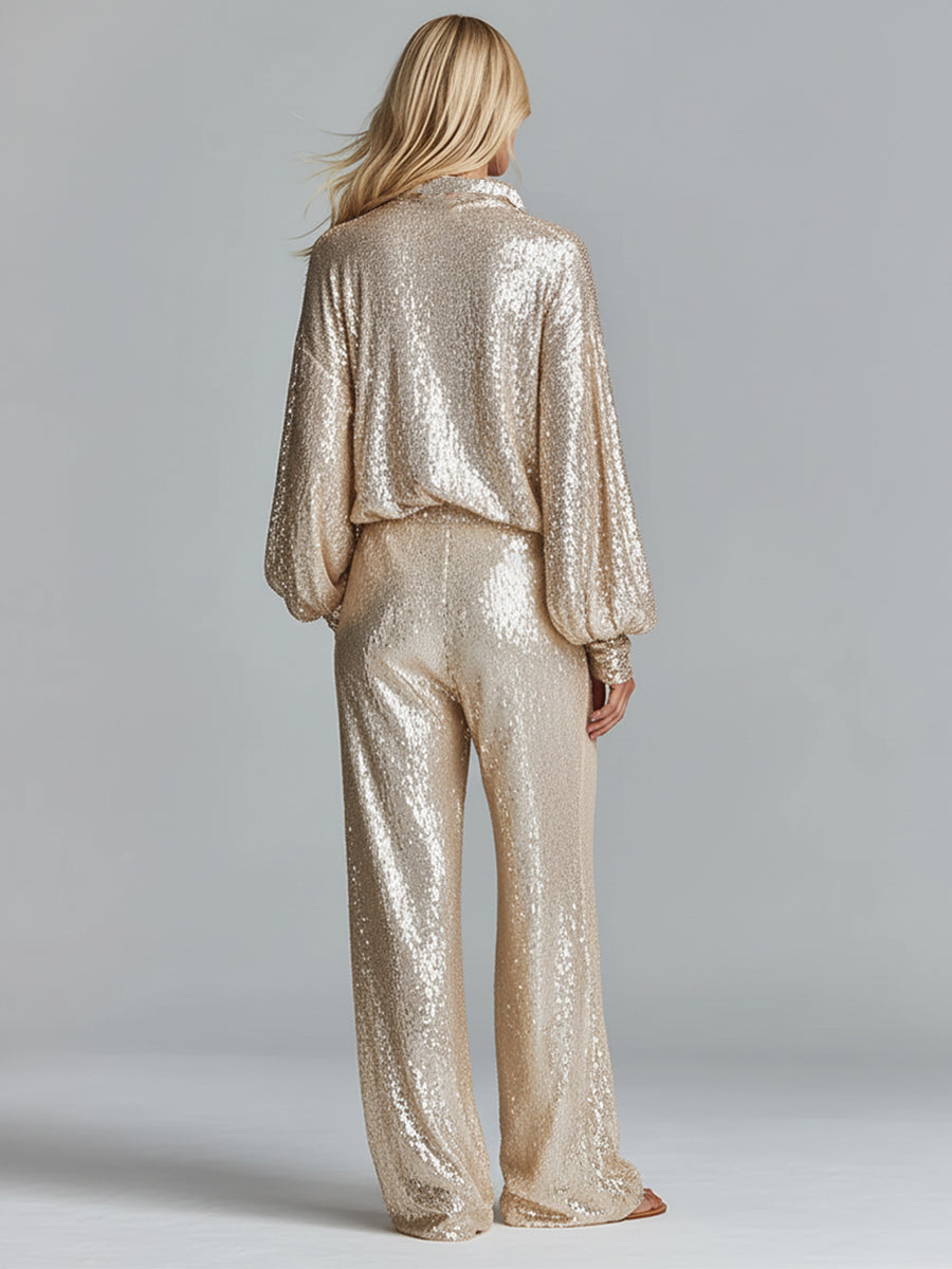 Gold Sequin Collared Half-Zip Wide-Leg Loungewear Set