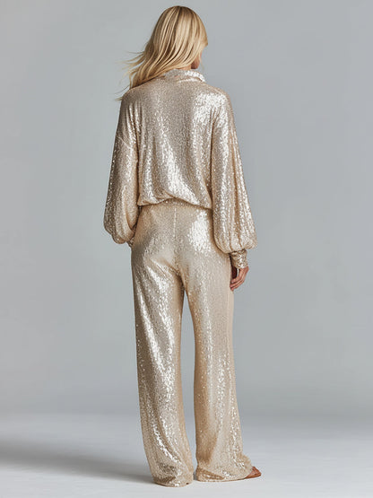 Gold Sequin Collared Half-Zip Wide-Leg Loungewear Set