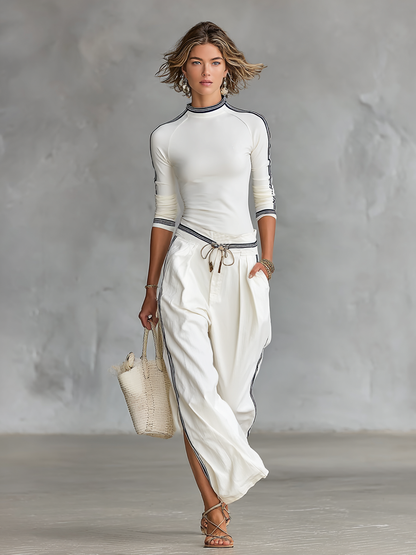 Sports Half-High Neck Long Sleeve Top & Wide-Leg Pants Set