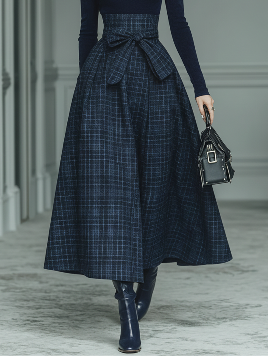 Dark Blue High Elastic Knit & Plaid Wool Skirt Set