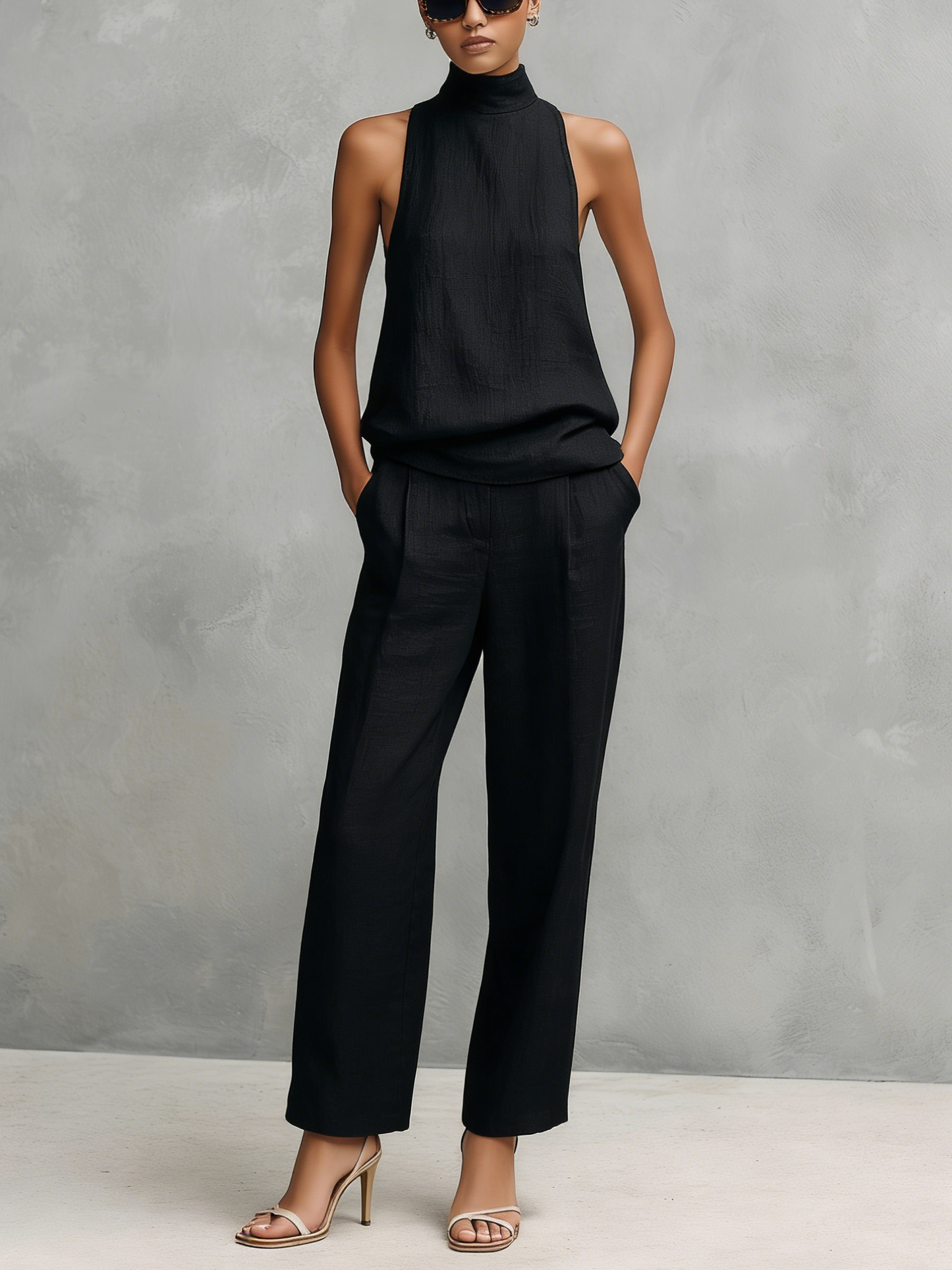 Black Cotton-Linen Round-Neck Sleeveless Top & Trousers Set