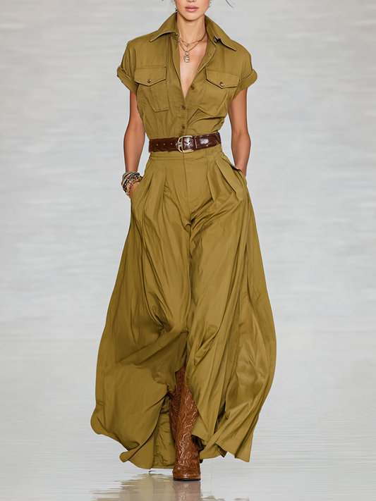 Cotton Blend Lapel Single-Breasted Short Sleeve Shirt Maxi Dress