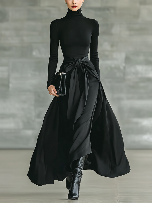 Black High-Neck Knitted & Satin Flared Maxi Dress