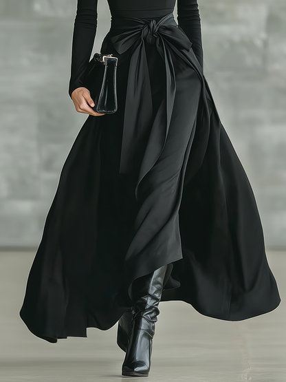 Black High-Neck Knitted & Satin Flared Maxi Dress
