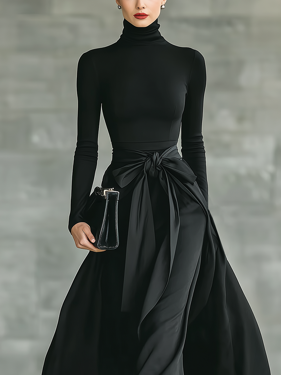 Black High-Neck Knitted & Satin Flared Maxi Dress