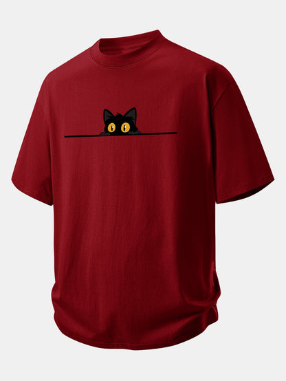 Relax Fit Black Cat Print Cotton T-Shirt