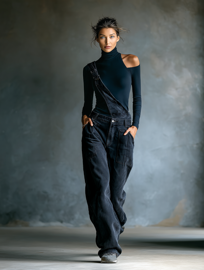 Black One-Shoulder Turtleneck Top & Denim Overalls Set