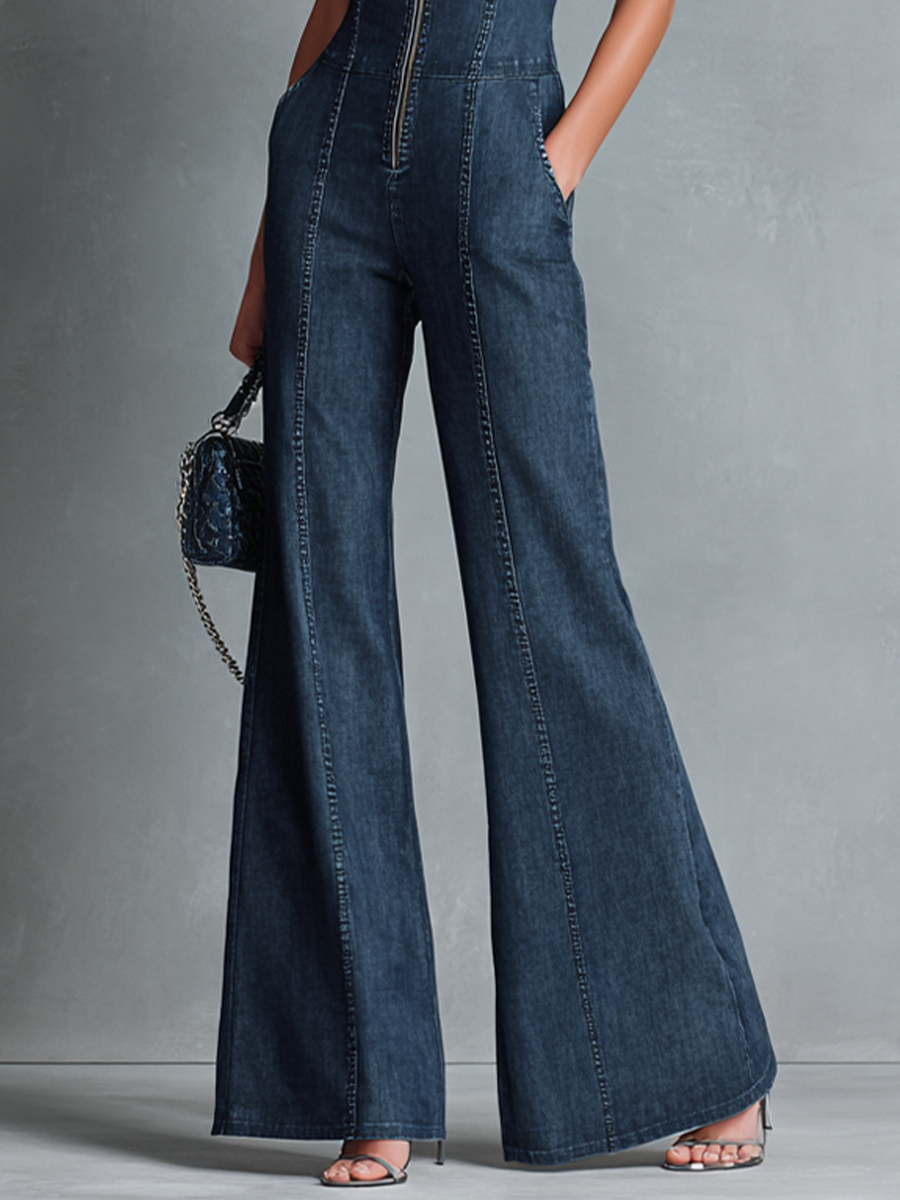 Women’s Retro Denim Flared Jumpsuit