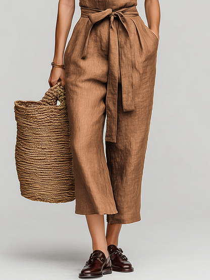 Linen Self-Tie Waist Collared V-Neck Jumpsuit