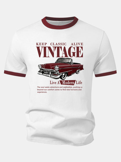 Vintage Car Print Contrast Ringer T-Shirt