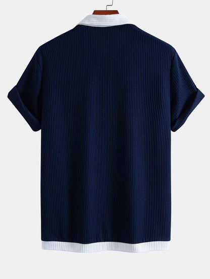 Contrast Ribbed Button Up Shirt & Drawstring Ribbed Shorts