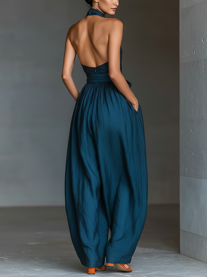 Navy Linen Cross Halter Wide-Leg Jumpsuit