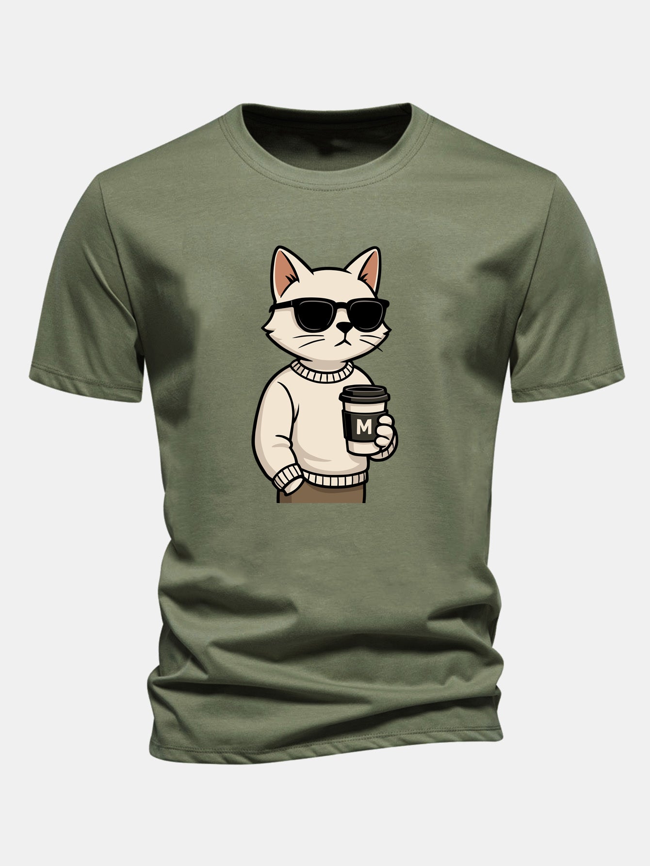 Regular Fit Cat Drinking Coffee Print Cotton T-Shirt