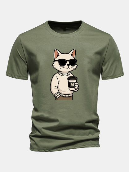 Regular Fit Cat Drinking Coffee Print Cotton T-Shirt