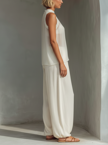 Cream Chiffon Sleeveless Top & Linen Drawstring Wide-Leg Trousers Set