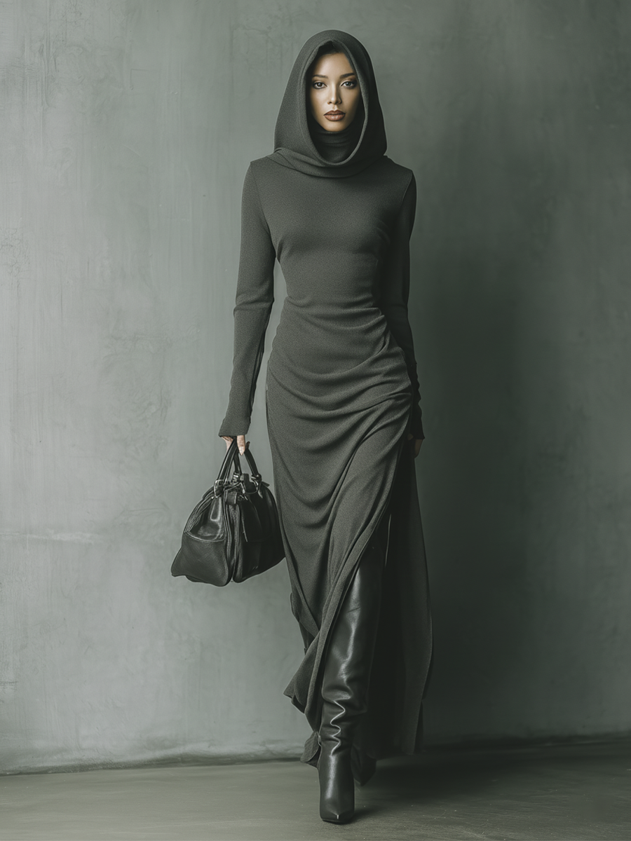 Dark Grey High-Elastic Knit Hooded Maxi Dress