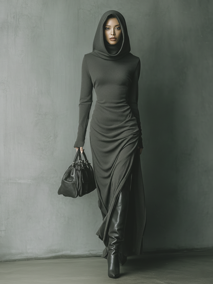 Dark Grey High-Elastic Knit Hooded Maxi Dress