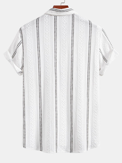 Geometric Striped Jacquard Button Up Shirt & Crinkle Textured Drawstring 5" Shorts