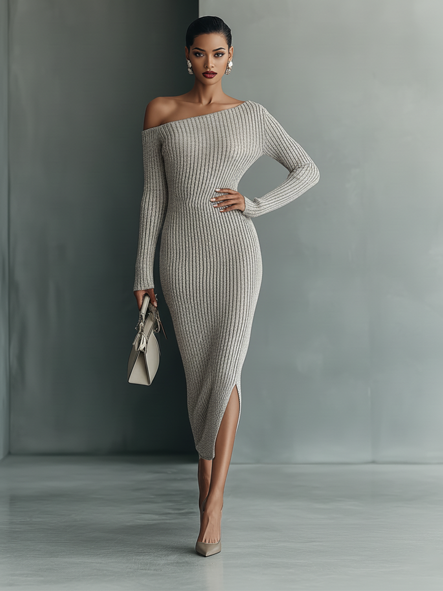 Gray One-Shoulder Knitted Dress