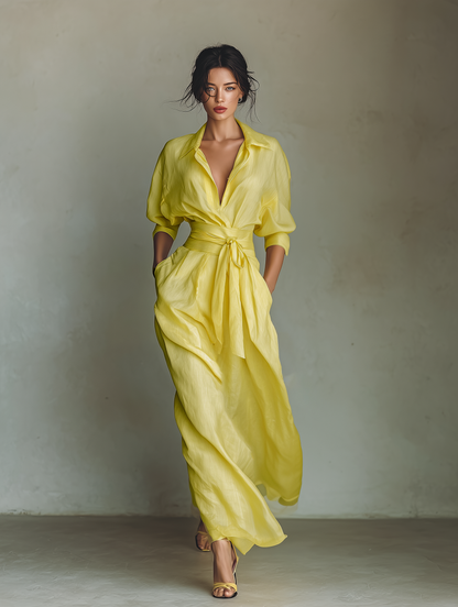 Lemon Yellow Cotton-Linen Tie Waist Maxi Shirt Dress