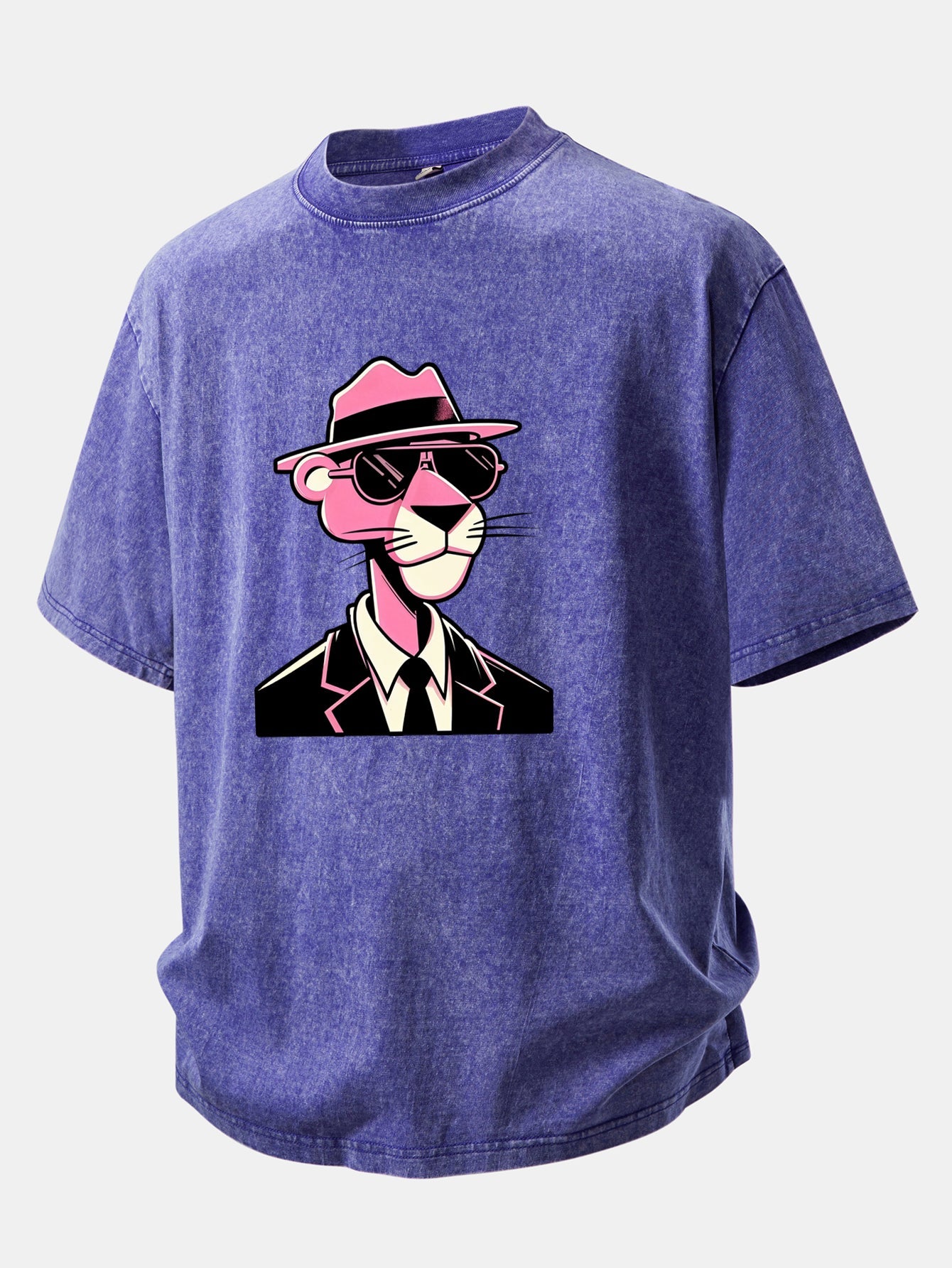 Pink Gentleman Panther Print Washed Distressed Drop Shoulder T-Shirt