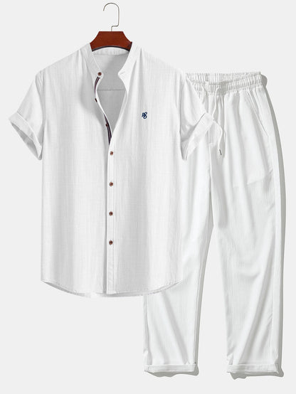 Short Sleeve Linen Look Stand Collar Shirt & Crinkle Textured Straight Leg Pants