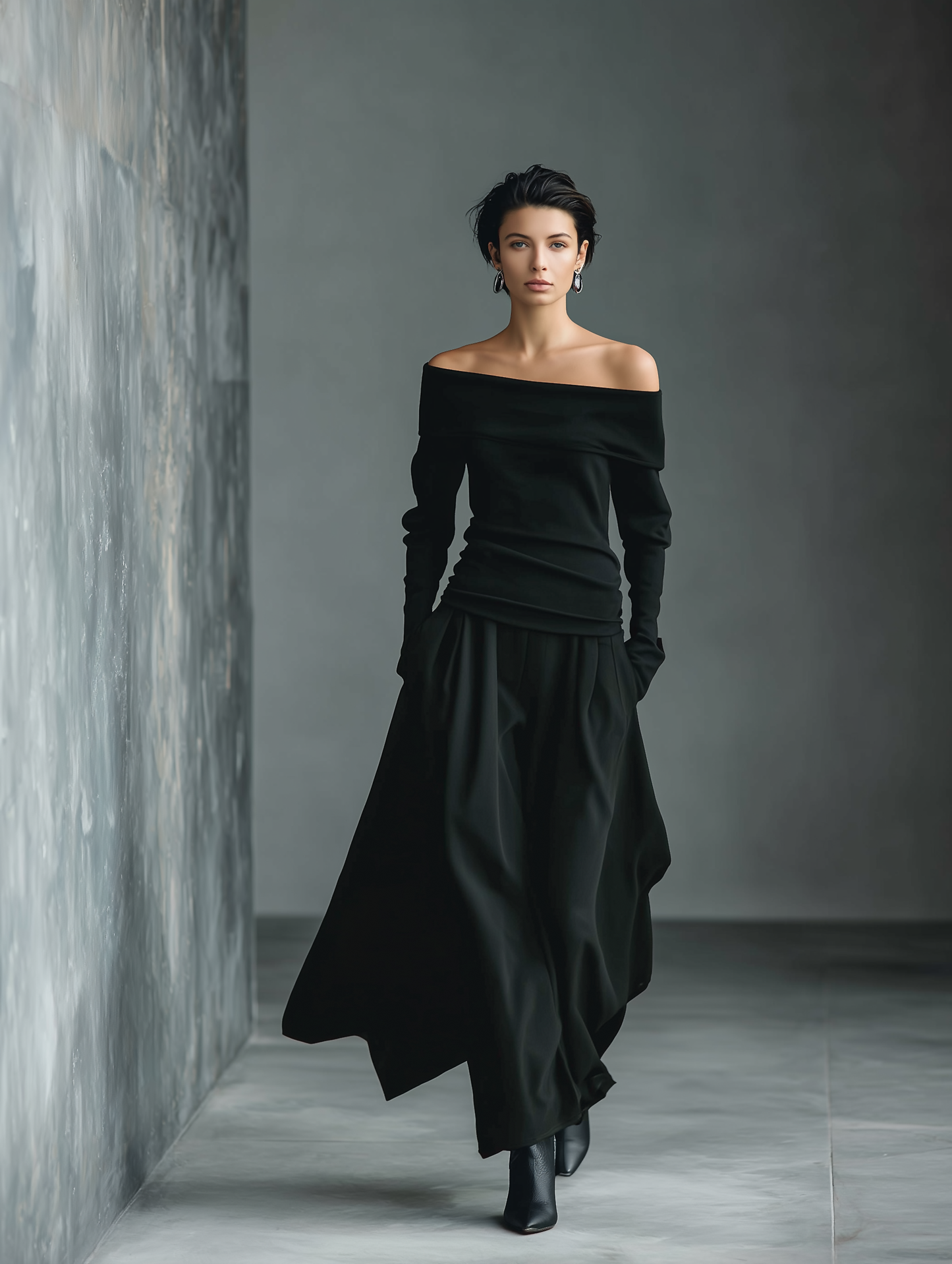 Black Knit Off-Shoulder Top & Woven Skirt Set