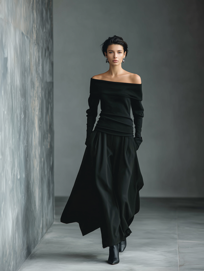 Black Knit Off-Shoulder Top & Woven Skirt Set