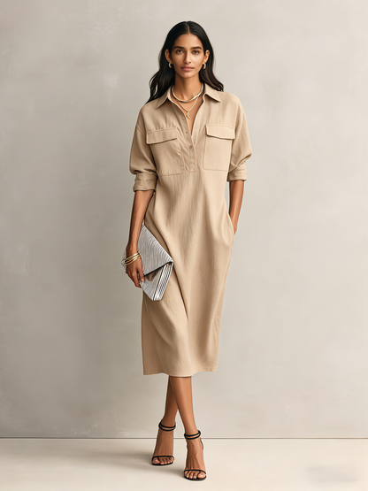 Black Cotton-Linen Shirt Collar Short Sleeve Midi Dress