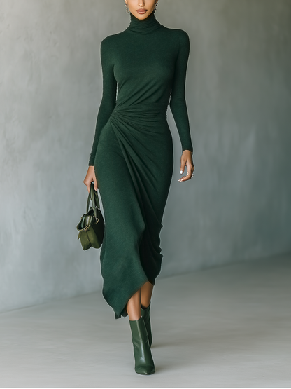 Dark Green High-Elastic Knit High-Neck Wrap Midi Dress