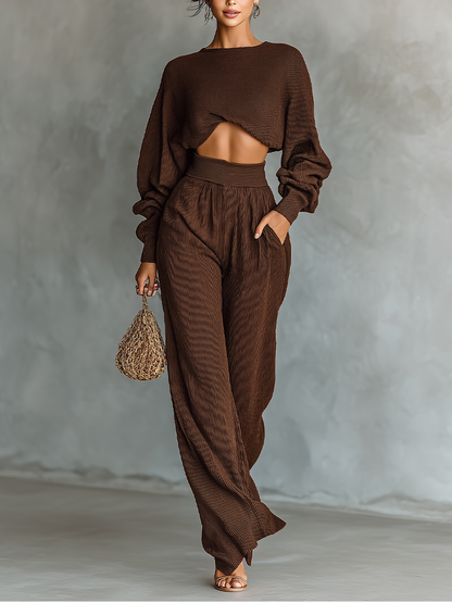 Coffee Knit Short Top & Wide-Leg Pants Set