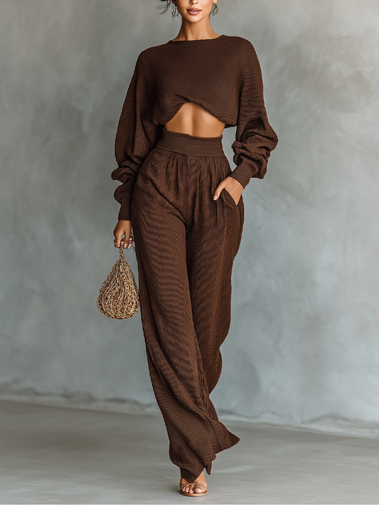 Coffee Knit Short Top & Wide-Leg Pants Set