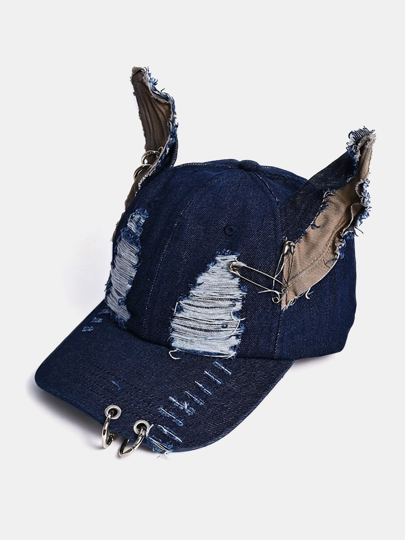 Gothic Western Distressed Denim Baseball Cap With Metal Rings