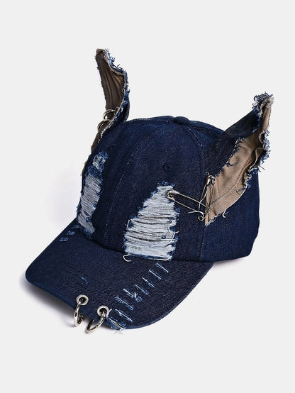 Gothic Western Distressed Denim Baseball Cap With Metal Rings