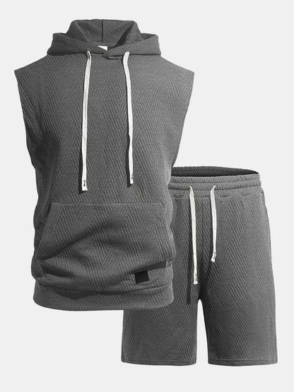 Stripe Textured Sleeveless Hooded T-Shirt & Drawstring Shorts Set