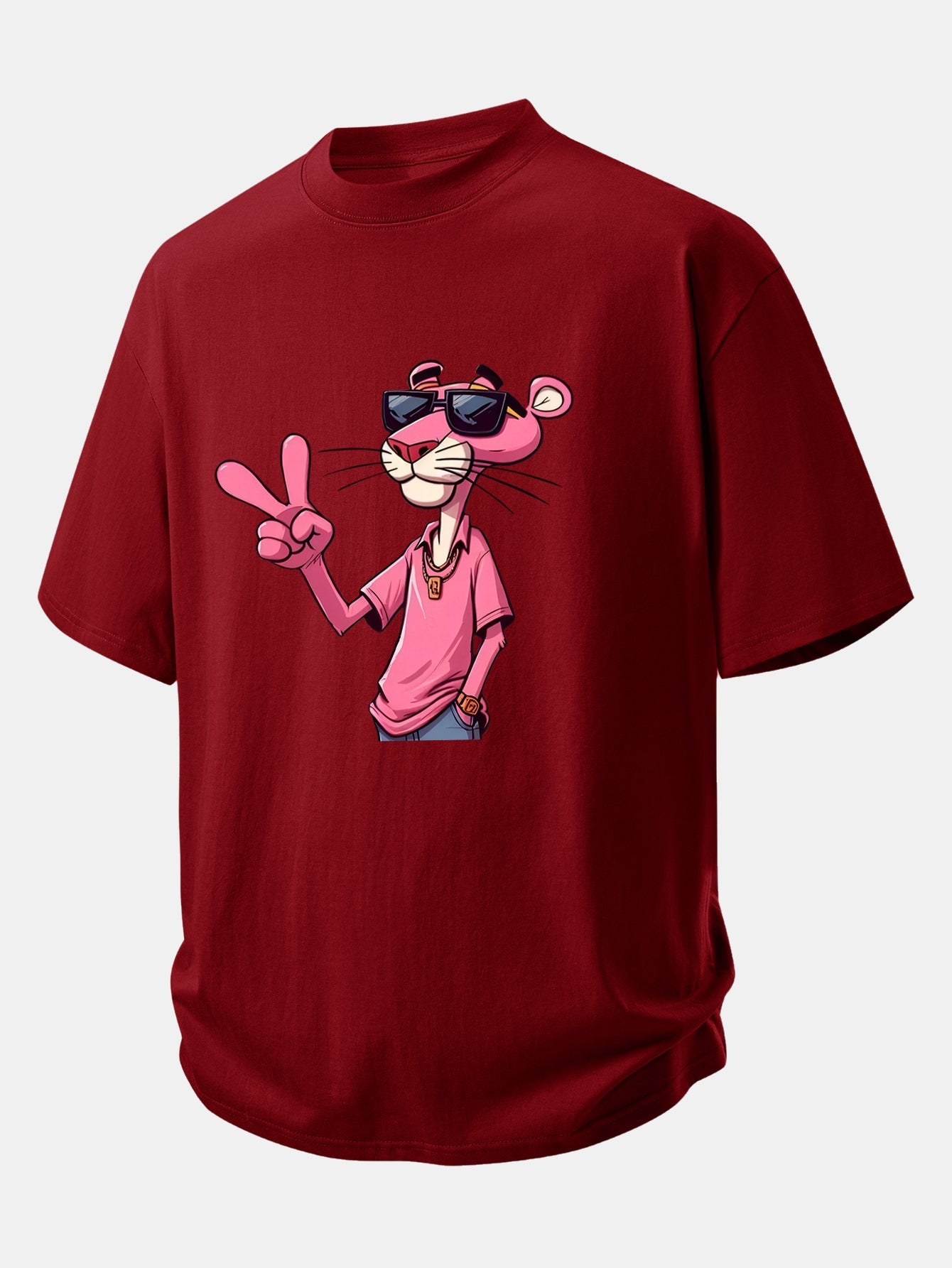 Relax Fit Pink Panther With V Sign Print Cotton T-Shirt