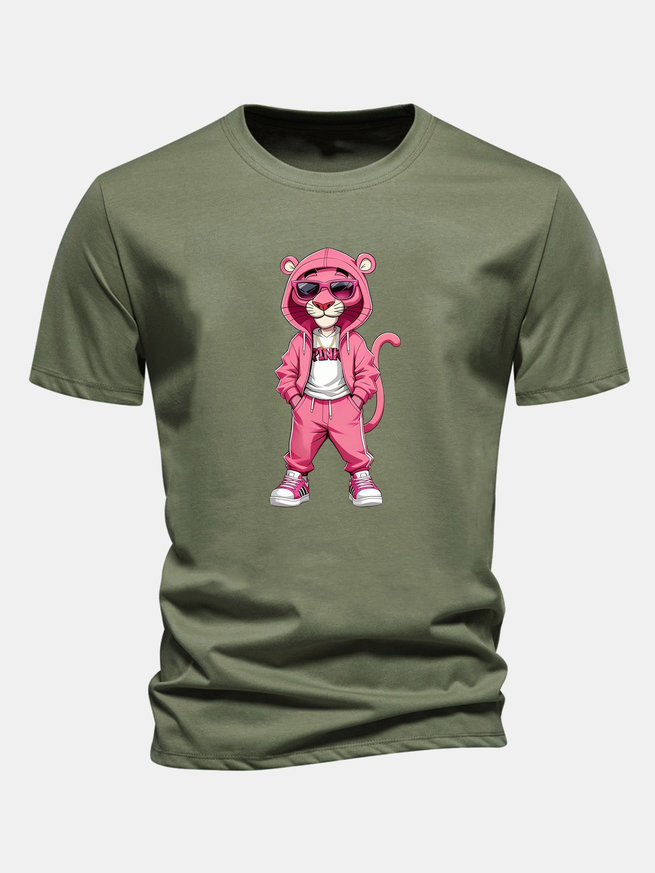 Regular Fit Street Fashion Pink Panther Print Cotton T-Shirt