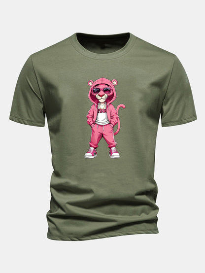 Regular Fit Street Fashion Pink Panther Print Cotton T-Shirt