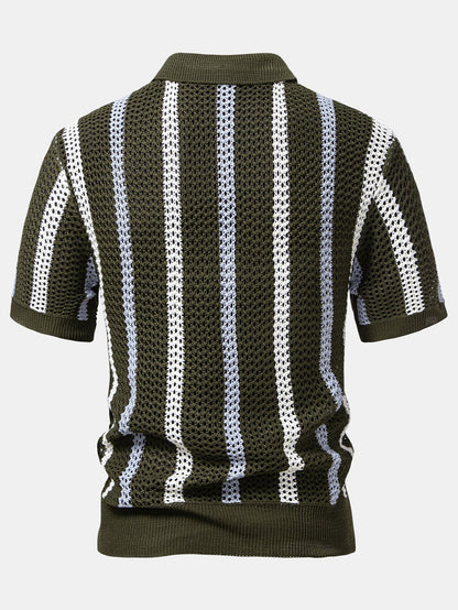Striped Crochet V Neck Polo & Crinkle Textured Drawstring 5" Shorts