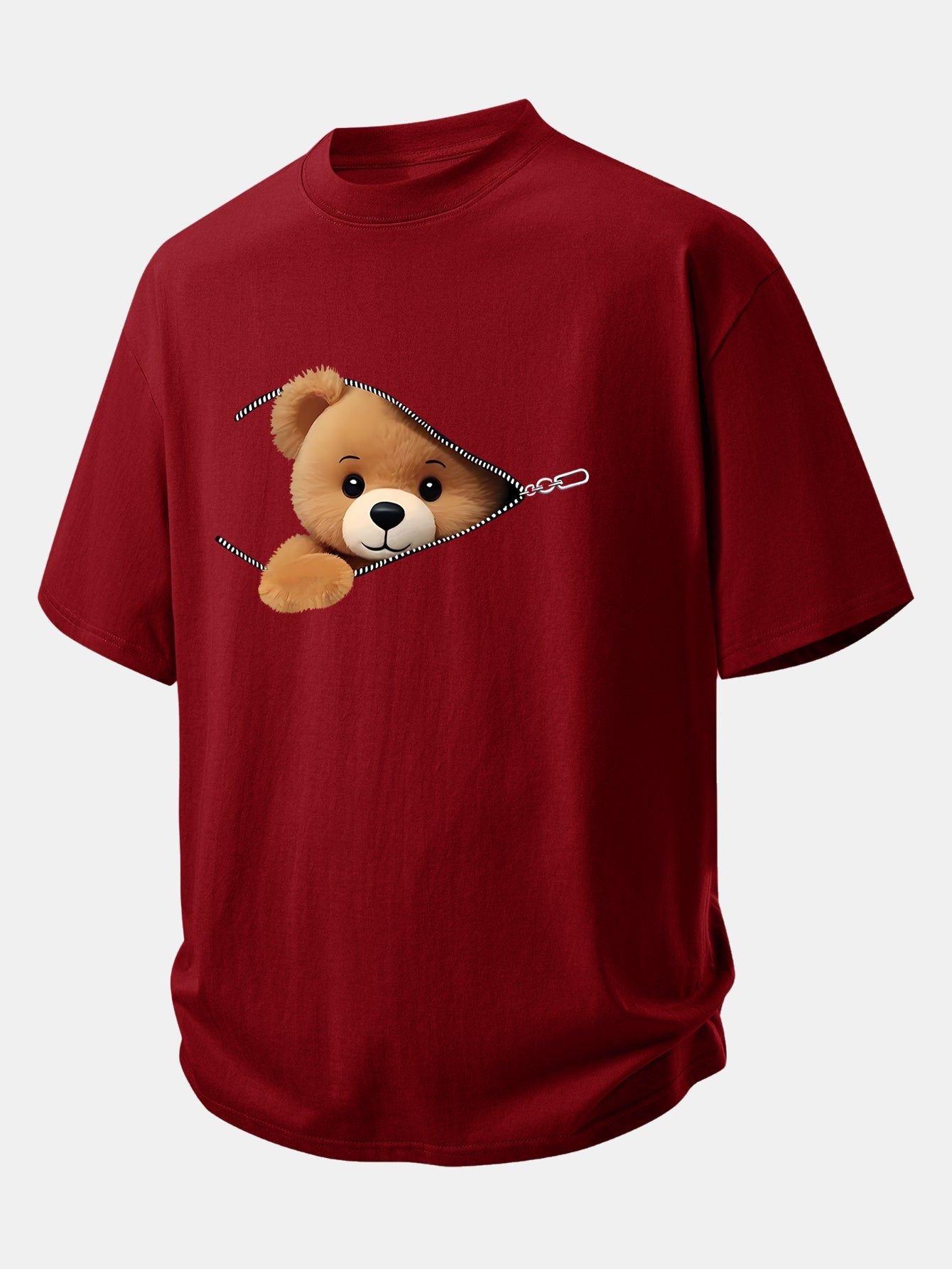 Relax Fit Zipper Bear Print Cotton T-Shirt