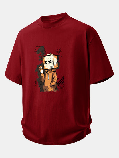 Relax Fit Cartoon Box Head Print Cotton T-Shirt