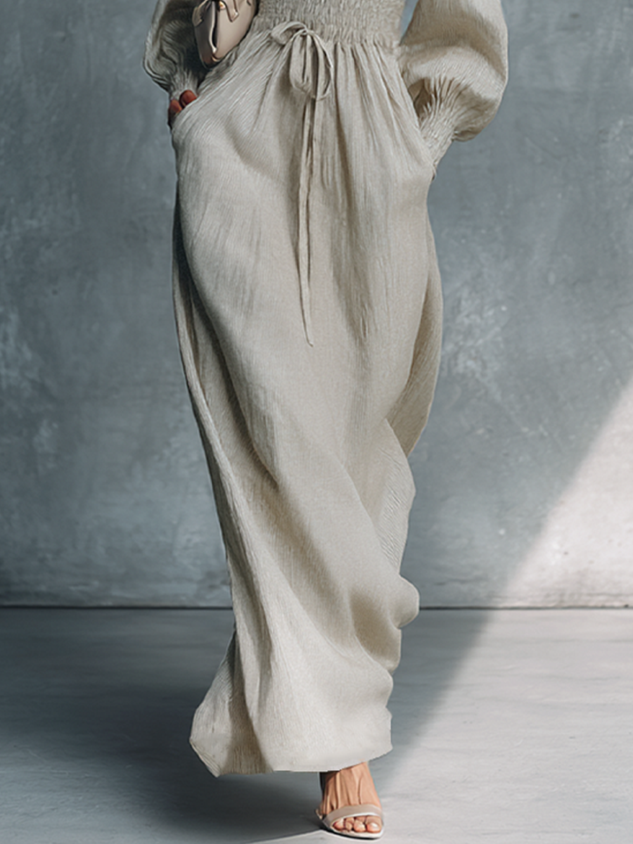 Beige Cotton-Linen Striped V-Neck Shirred Waist Maxi Dress