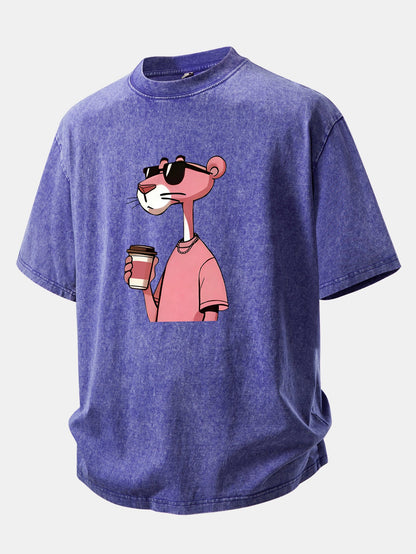 Pink Panther Drinking Coffee Print Washed Distressed Drop Shoulder T-Shirt