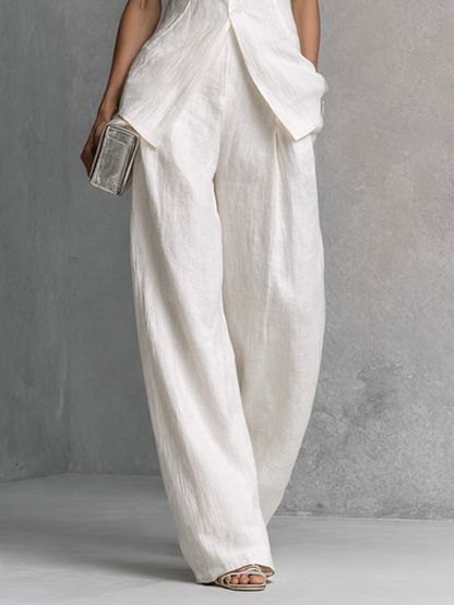 White Cotton-Linen Sleeveless Top & Wide-Leg Pants Set