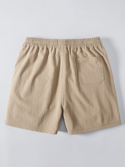 Textured Striped Button Up Shirt & Crinkle Textured Drawstring 5" Shorts