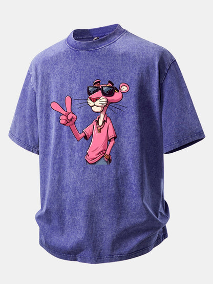 Pink Panther With V Sign Print Washed Distressed Drop Shoulder T-Shirt