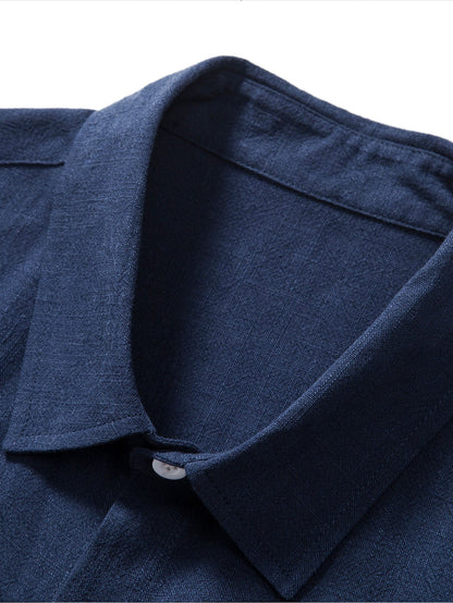 Linen Rayon Blend Button Up Shirt & Crinkle Textured Drawstring 5" Shorts