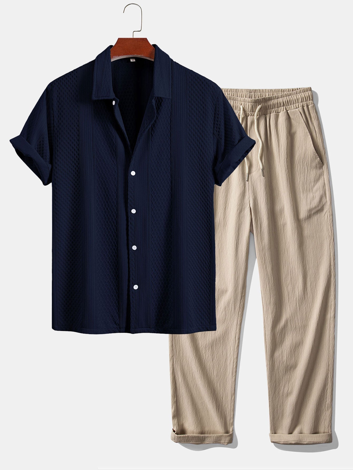 Geometric Jacquard Button Up Shirt & Crinkle Textured Straight Leg Pants